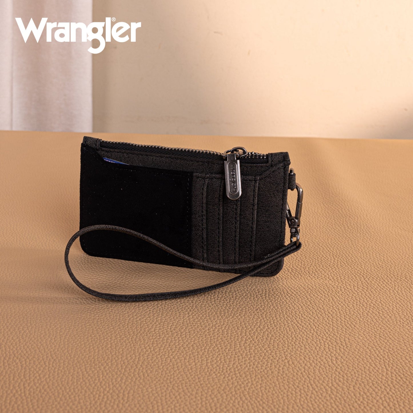 WG227-W075   Wrangler Vintage Floral Velvet Printed   Mini Zip card Case Wristlet - Black