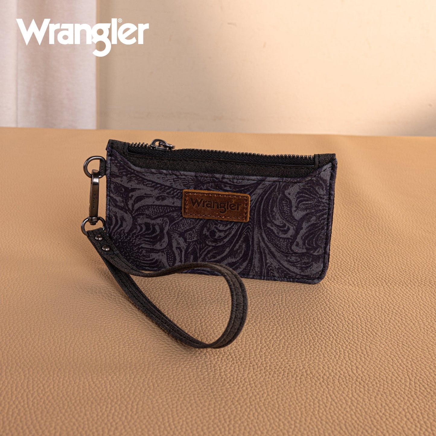 WG227-W075   Wrangler Vintage Floral Velvet Printed   Mini Zip card Case Wristlet - Black