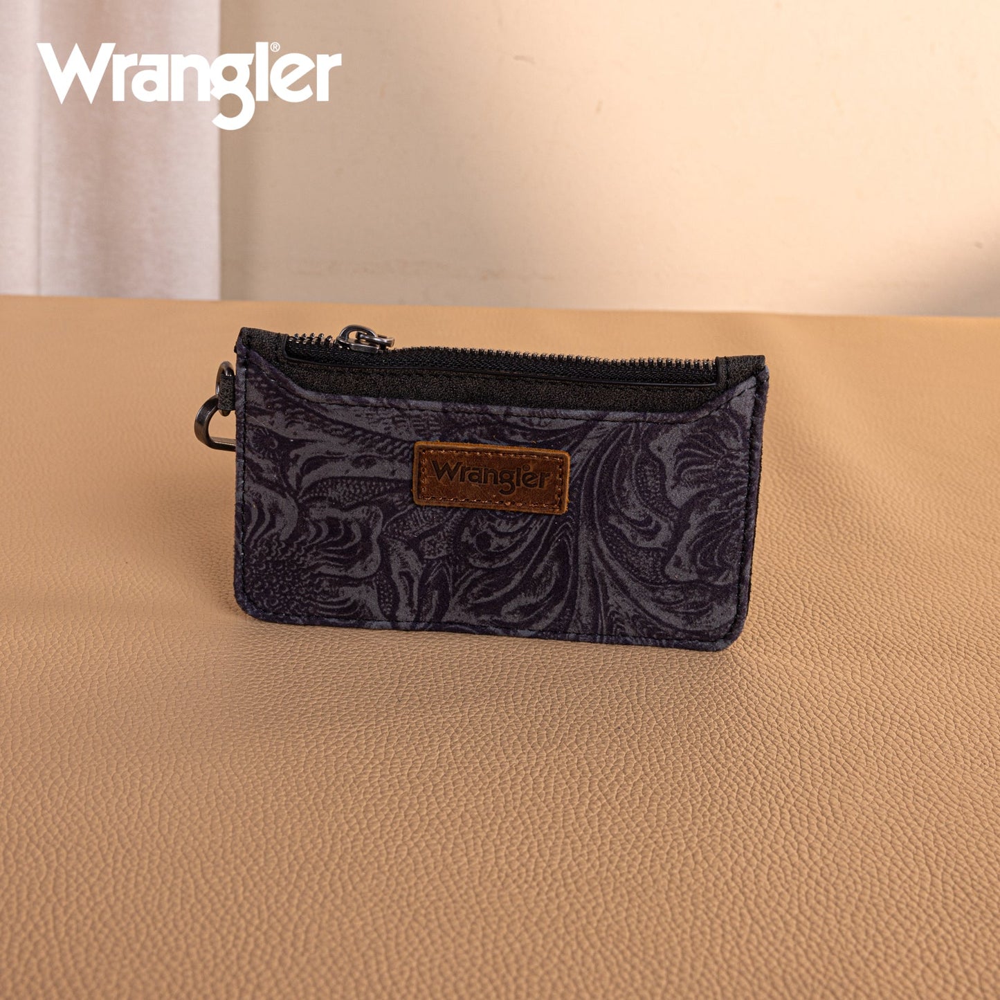 WG227-W075   Wrangler Vintage Floral Velvet Printed   Mini Zip card Case Wristlet - Black
