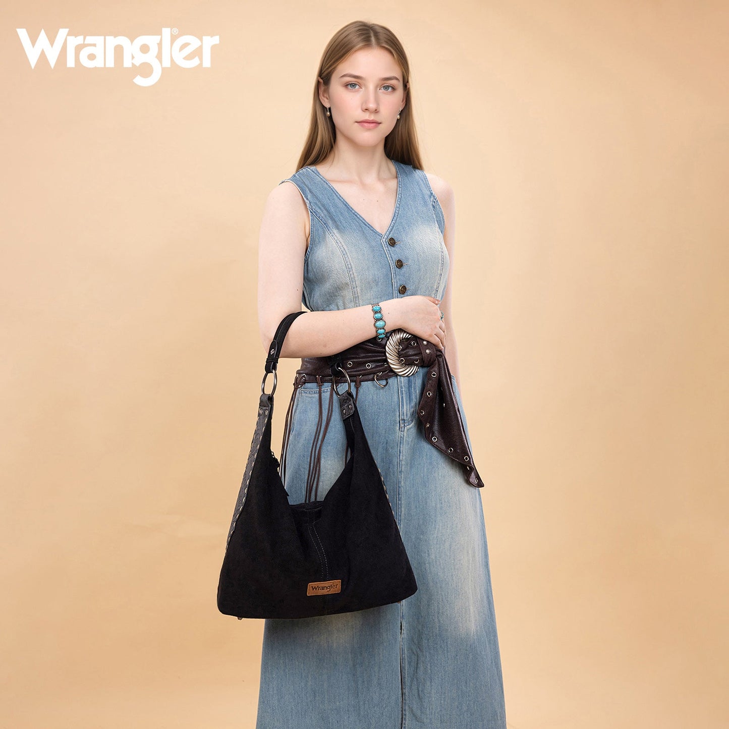 WG276-9182  Wrangler Floral Tooled Hobo Bag with Pouch-Black