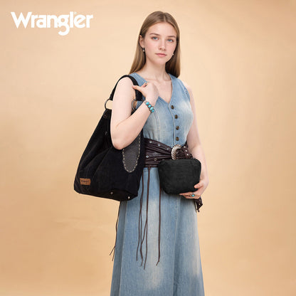 WG276-9182  Wrangler Floral Tooled Hobo Bag with Pouch-Black
