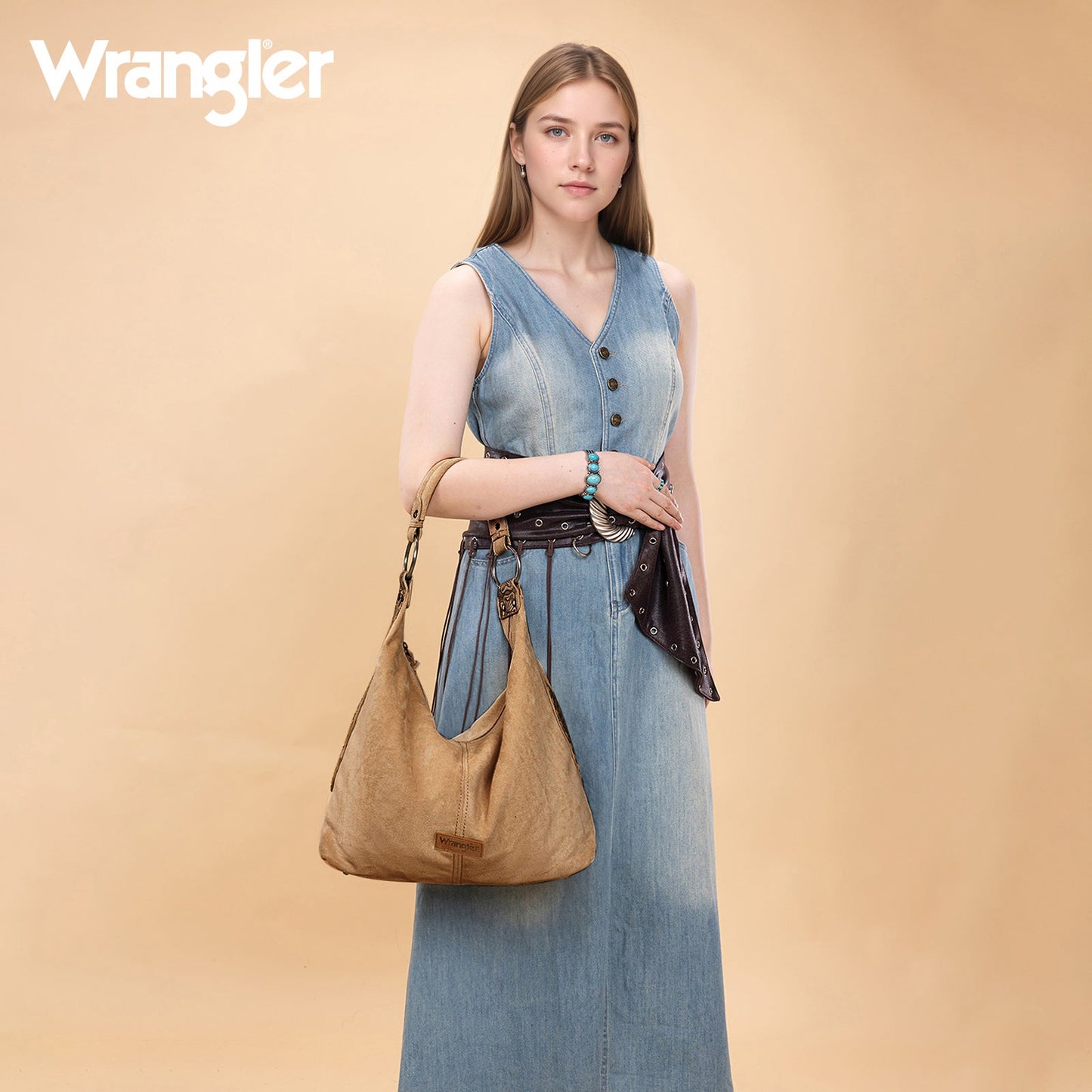 WG276-9182  Wrangler Floral Tooled Hobo Bag with Pouch-Khaki