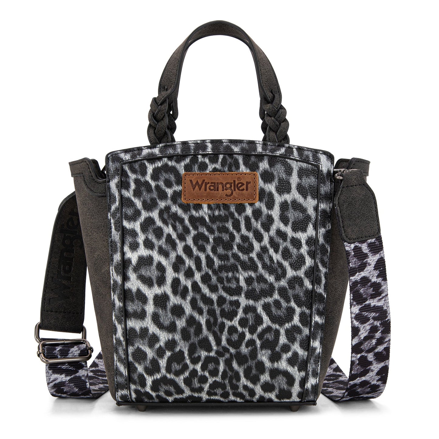 WG296-8014BK   Wrangler Leopard Print Braided Handle Tote/Crossbody - Black