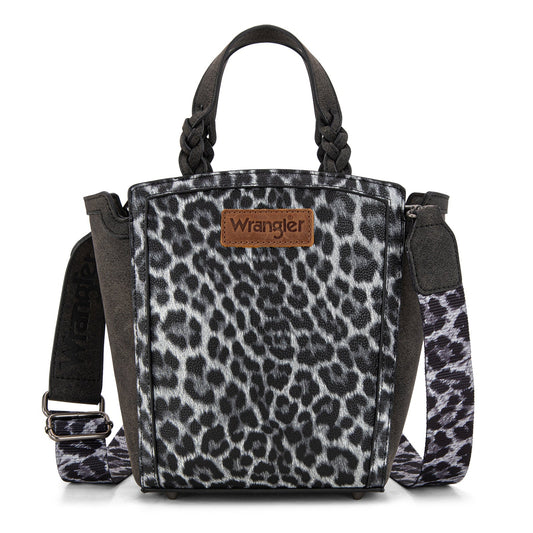 WG296-8014BK   Wrangler Leopard Print Braided Handle Tote/Crossbody - Black