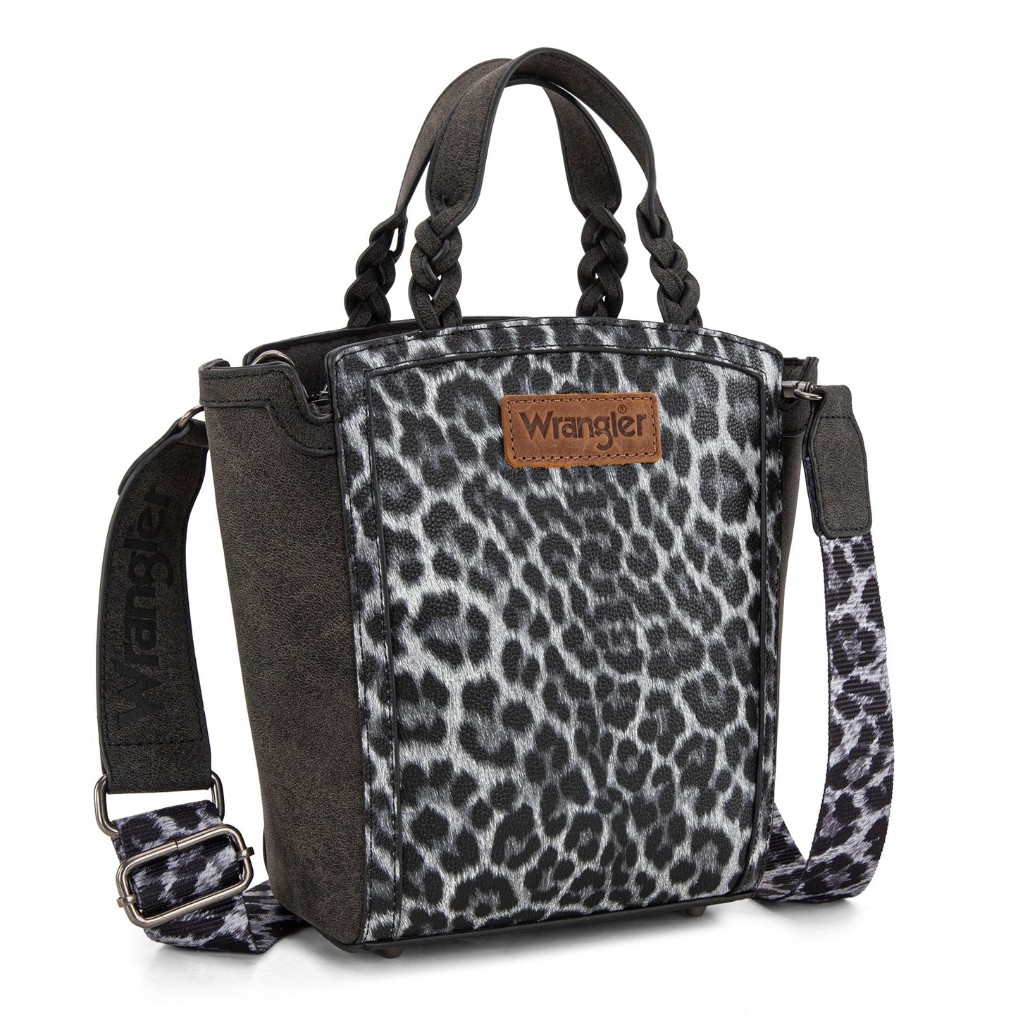 WG296-8014BK   Wrangler Leopard Print Braided Handle Tote/Crossbody - Black