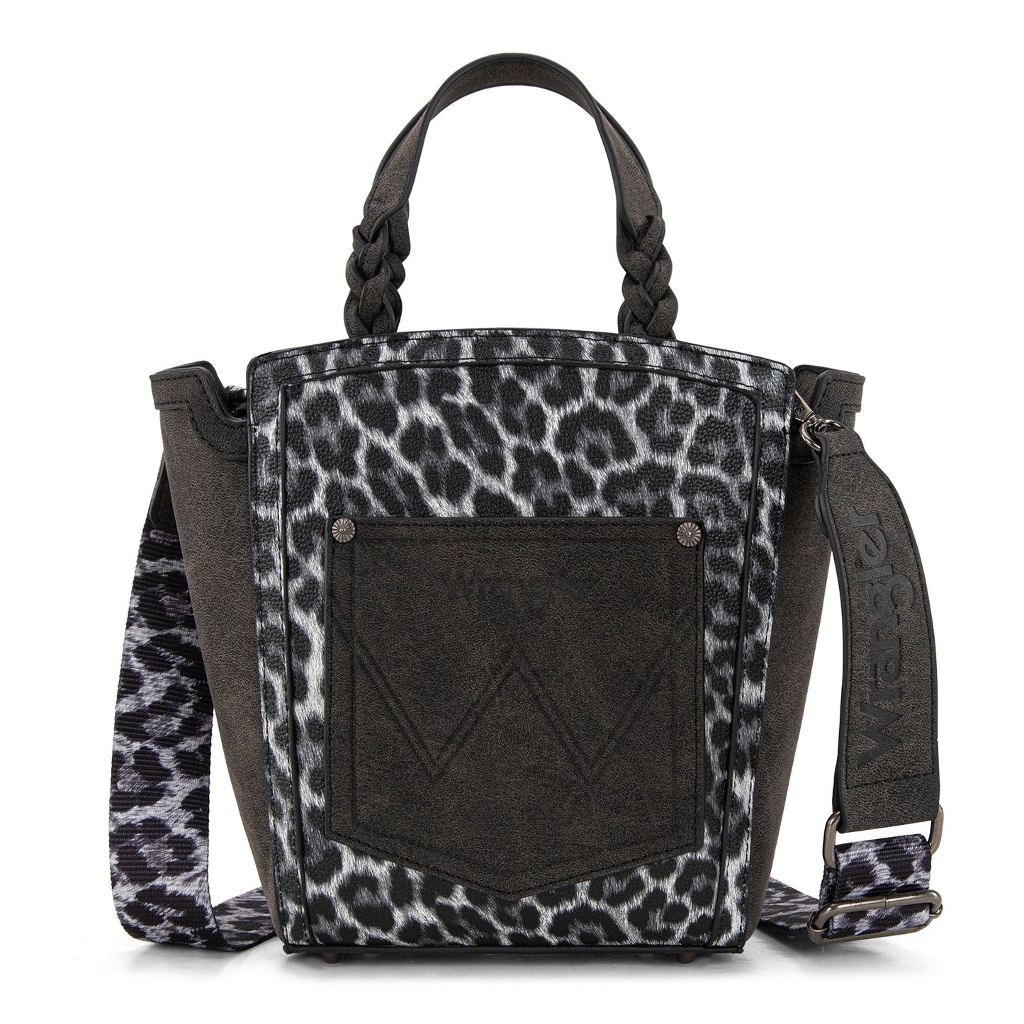 WG296-8014BK   Wrangler Leopard Print Braided Handle Tote/Crossbody - Black