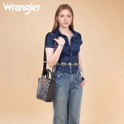 WG296-8014BK   Wrangler Leopard Print Braided Handle Tote/Crossbody - Black