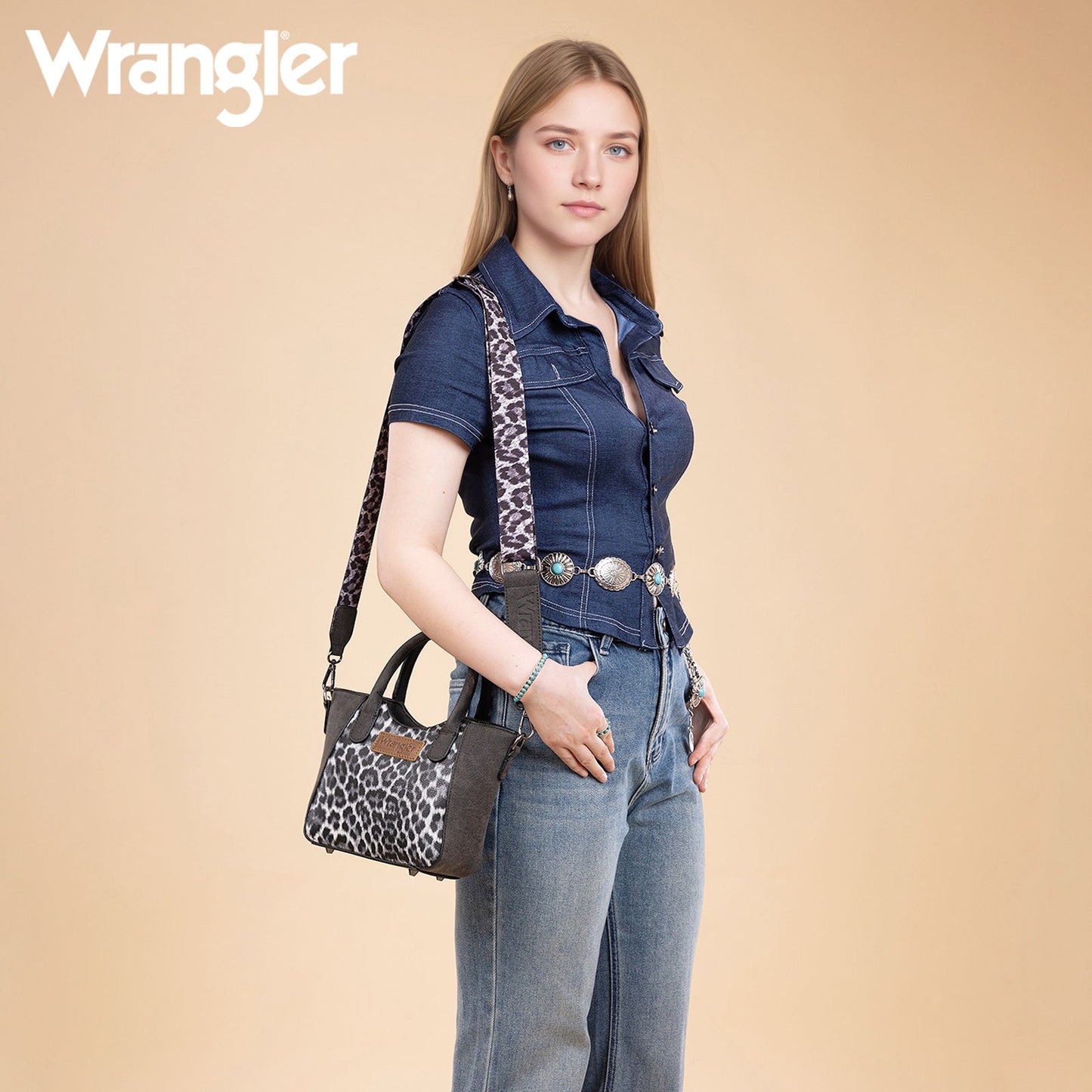WG296-8015BK  Wrangler Leopard Print Small Tote/Crossbody -Black
