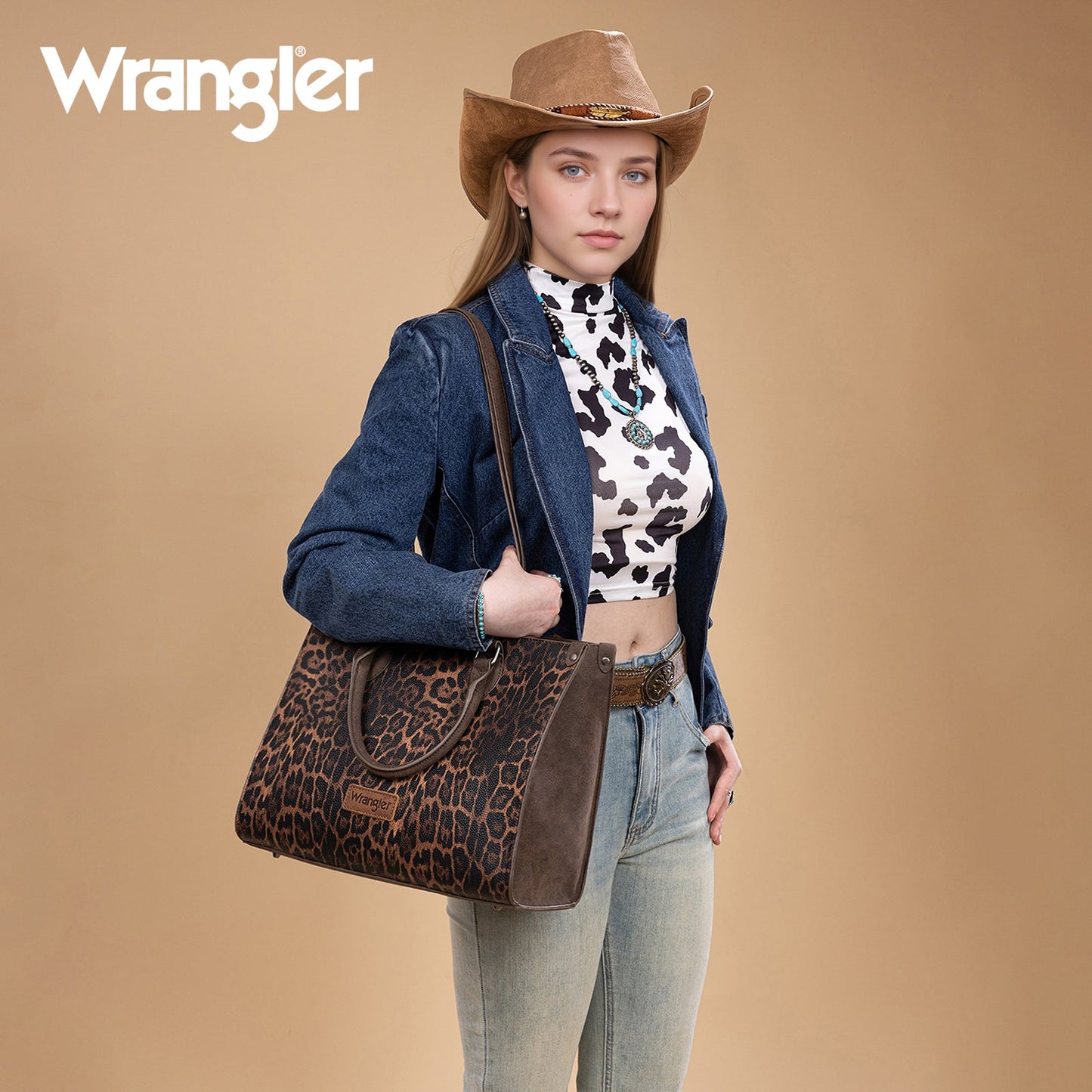 WG296-8625CF    Wrangler Leopard Print Wide Tote Bag/Crossbody