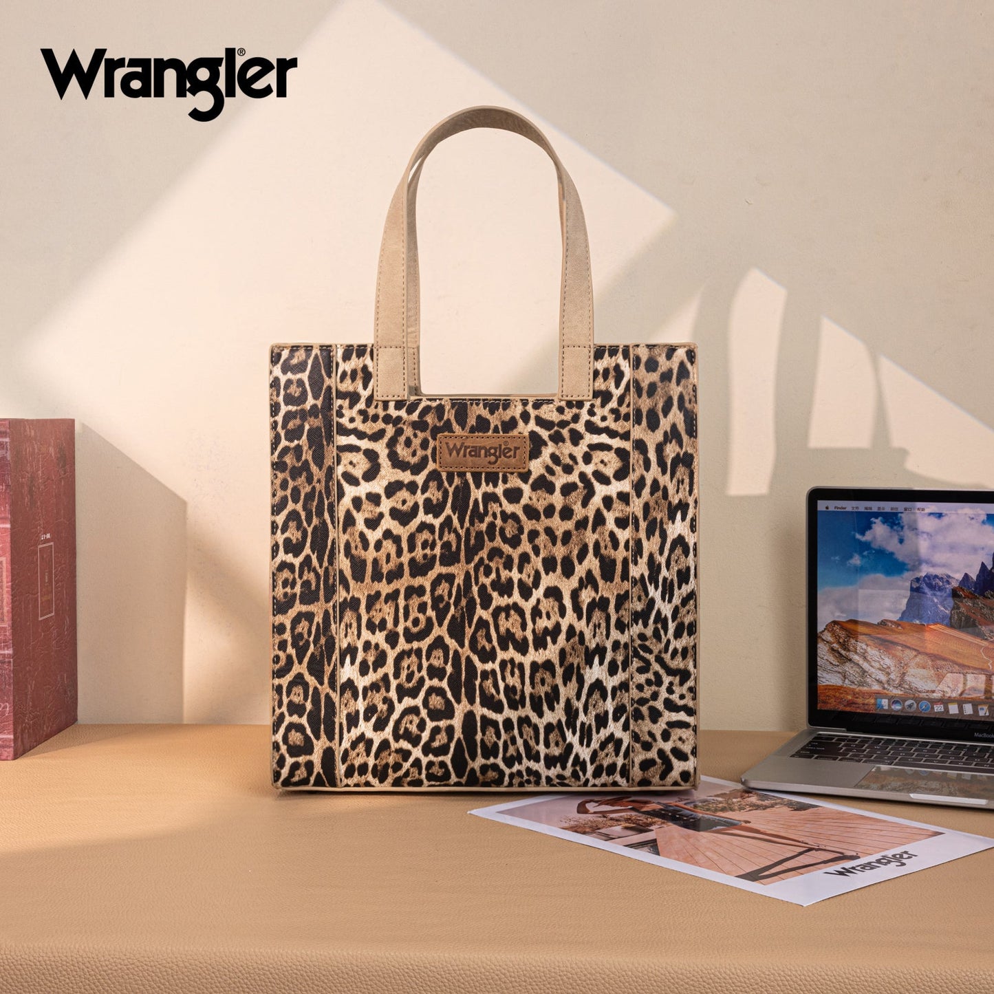 WG296-8900TN    Wrangler Leopard Print Tote Bag- Tan
