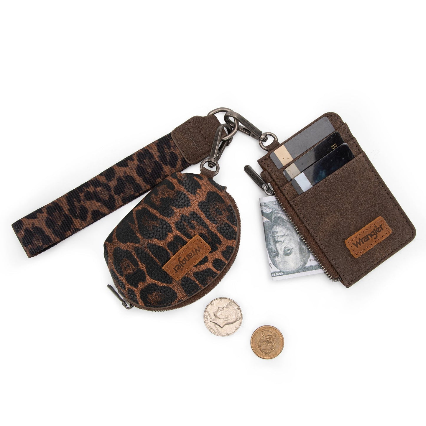 WG296-W0051  Wrangler Leopard Print Dual Pouch Wristlet -Coffee