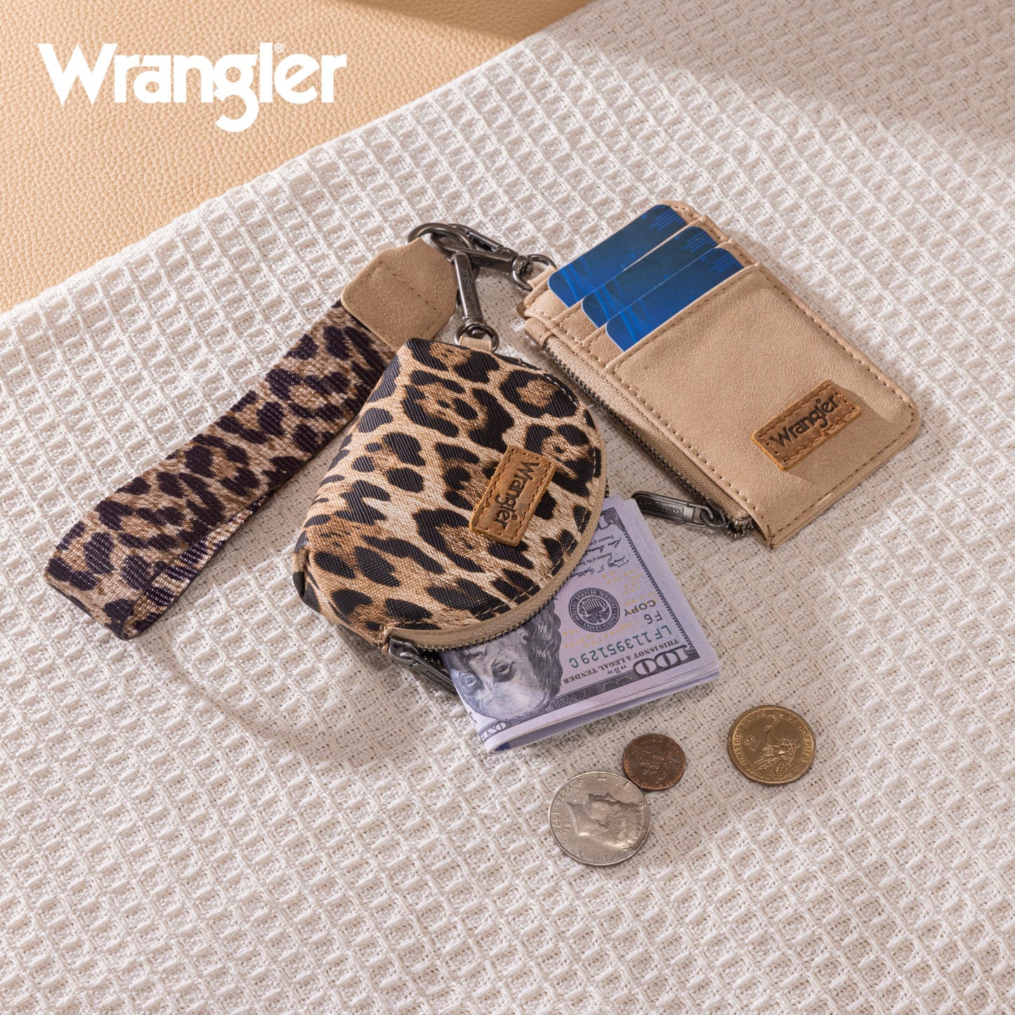 WG296-W0051  Wrangler Leopard Print Dual Pouch Wristlet -Tan
