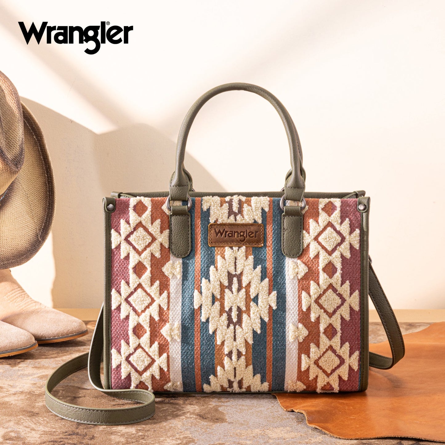WG313-8119  Wrangler Sherpa Aztec Canvas Tote/Crossbody - Green