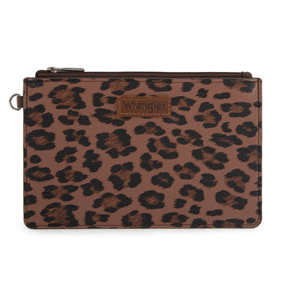WG366-W114  Wrangler Leopard Print Dual Pouch Wristlet with Zipper Round Case-Coffee