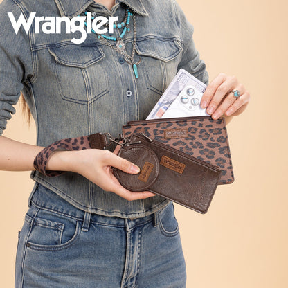 WG366-W114  Wrangler Leopard Print Dual Pouch Wristlet with Zipper Round Case-Coffee