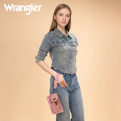 WG366-W114  Wrangler Leopard Print Dual Pouch Wristlet with Zipper Round Case- Dark Pink