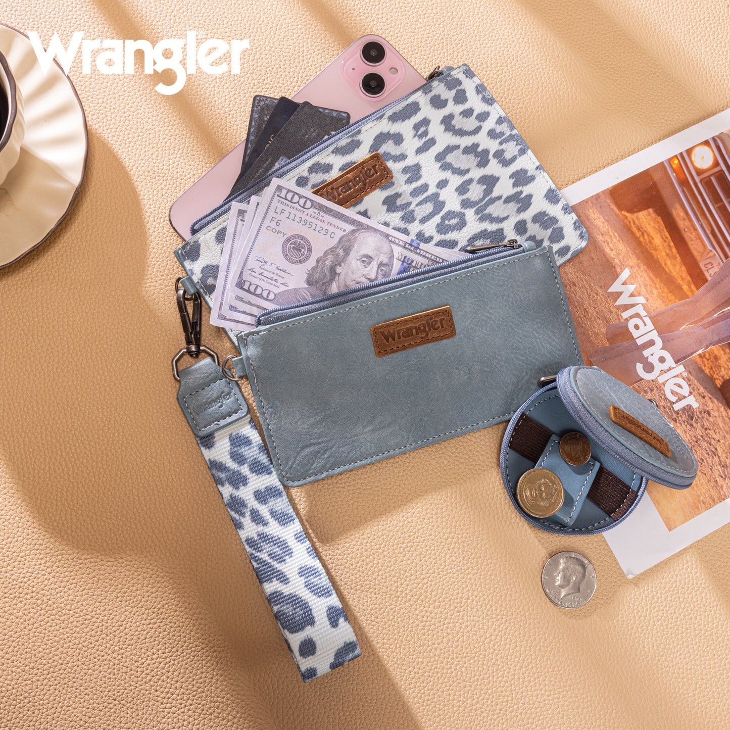 WG366-W114  Wrangler Leopard Print Dual Pouch Wristlet with Zipper Round Case-Jean