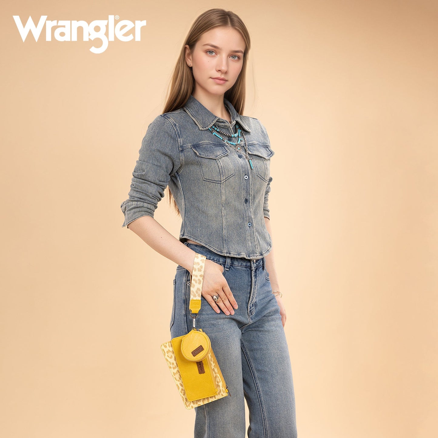 WG366-W114  Wrangler Leopard Print Dual Pouch Wristlet with Zipper Round Case- Yellow