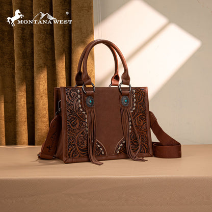 MW1339-2002  Montana West Tooled Concho Tote/Crossbody -Brown