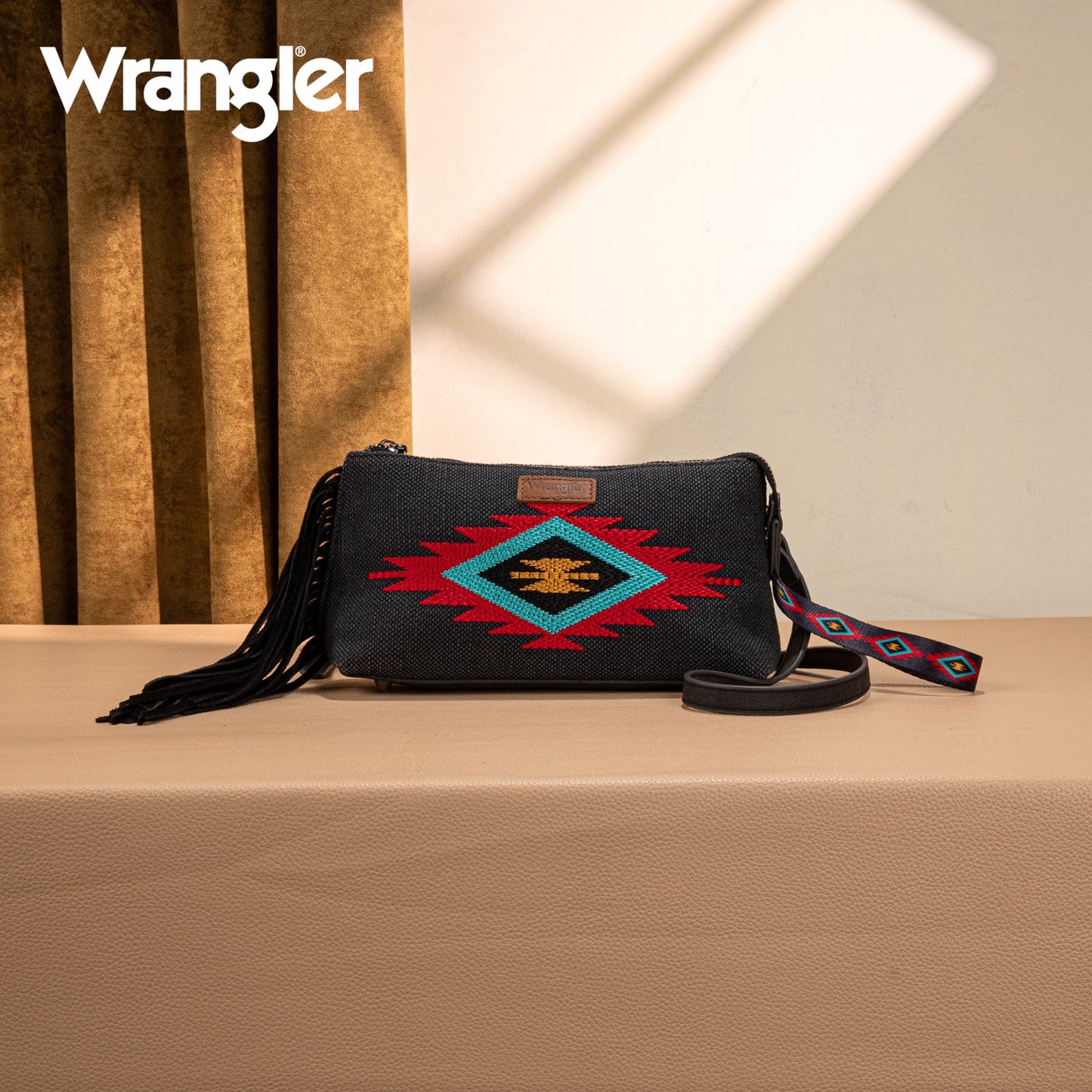 WG259-1834  Wrangler Embroidered Aztec Canvas Wristlet/Crossbody- Black