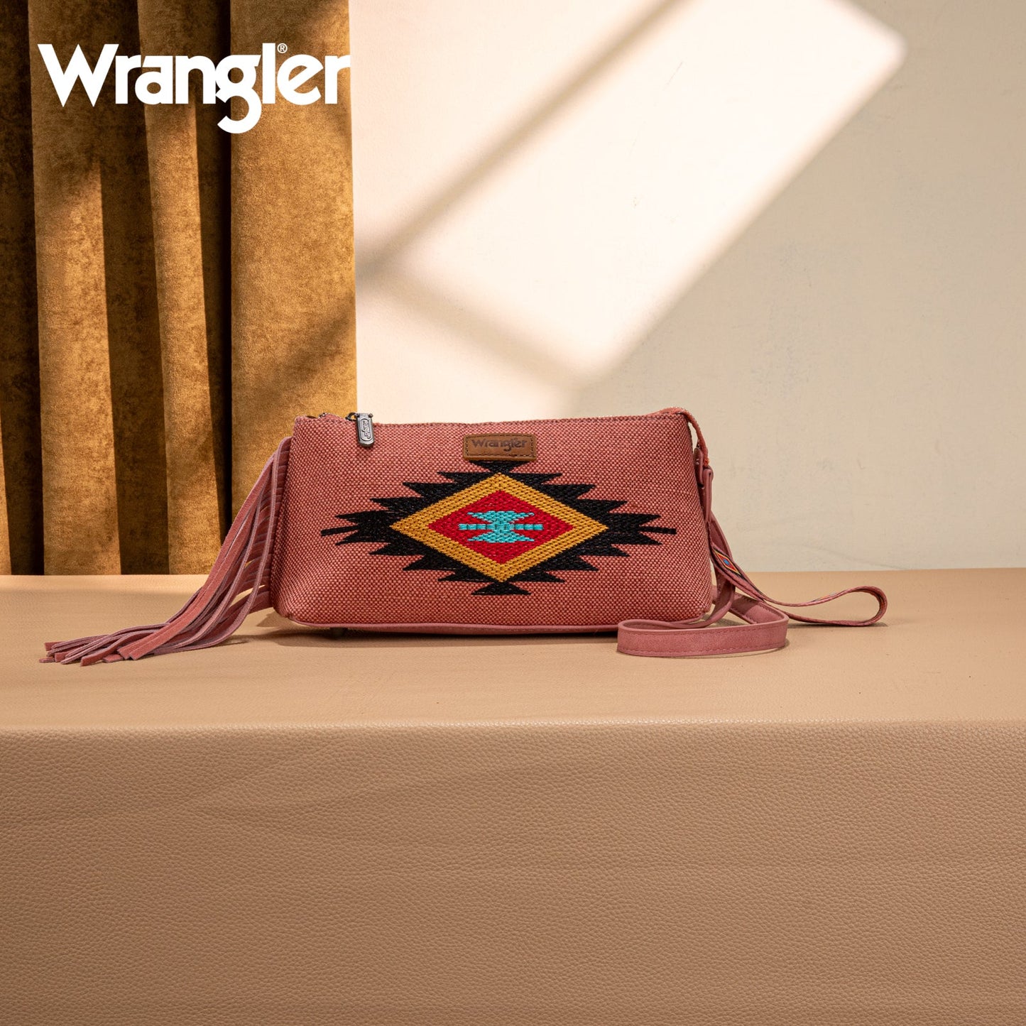 WG259-1834  Wrangler Embroidered Aztec Canvas Wristlet/Crossbody-Dark Pink