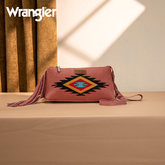 WG259-1834  Wrangler Embroidered Aztec Canvas Wristlet/Crossbody-Dark Pink