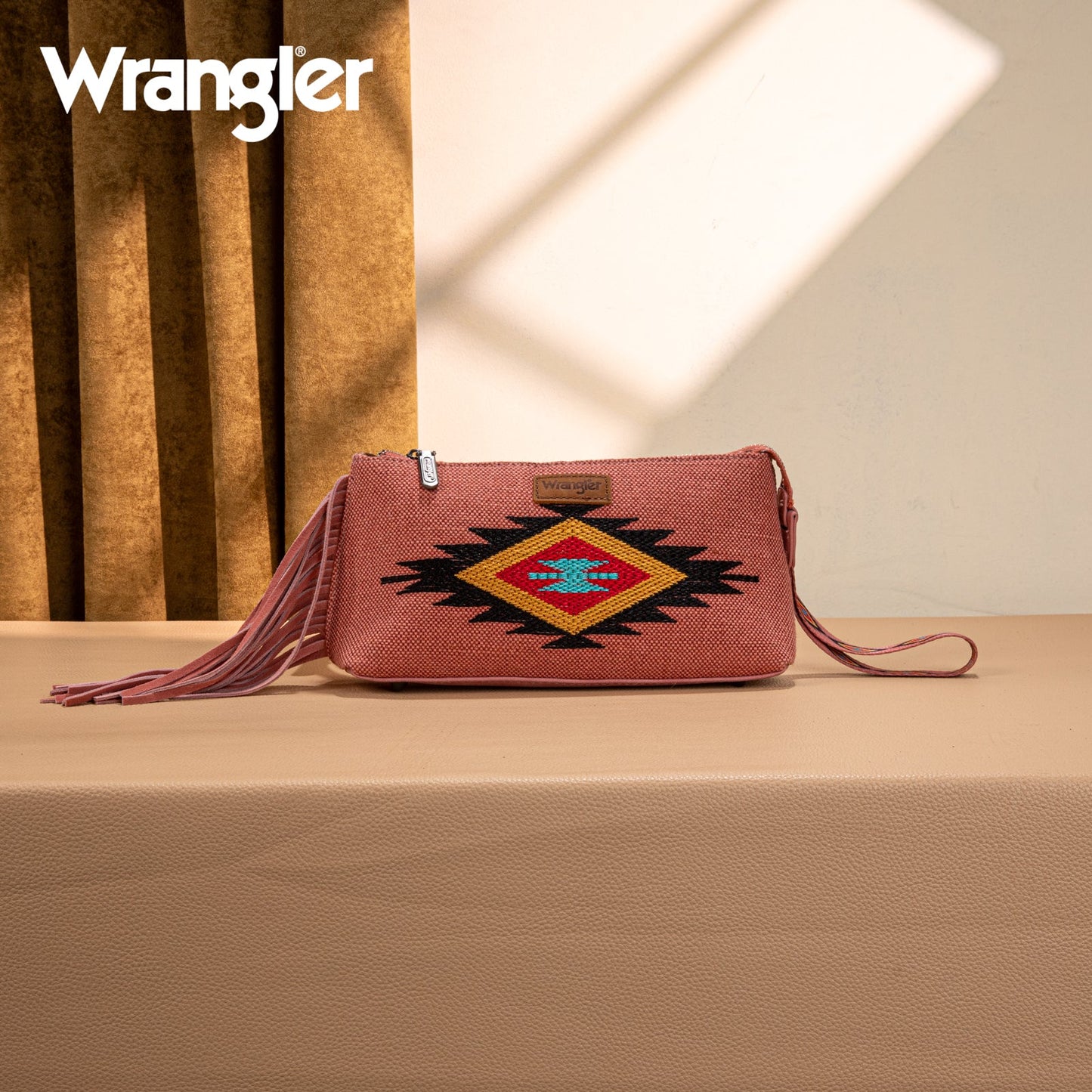 WG259-1834  Wrangler Embroidered Aztec Canvas Wristlet/Crossbody-Dark Pink