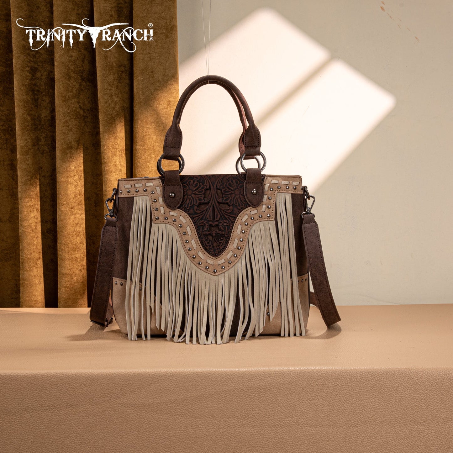 TR194-8250  Trinity Ranch Floral Tooled Fringe Tote/Crossbody - Coffee