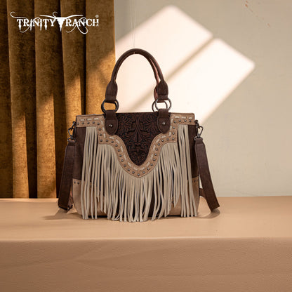 TR194-8250  Trinity Ranch Floral Tooled Fringe Tote/Crossbody - Coffee