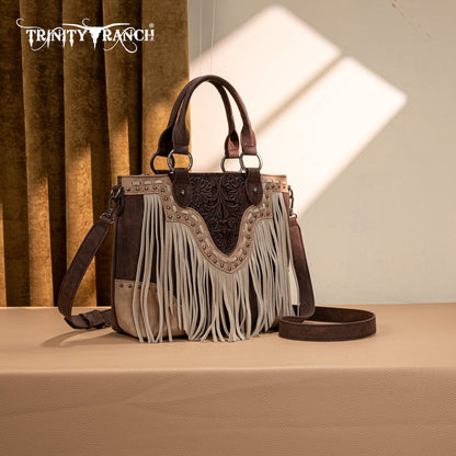 TR194-8250  Trinity Ranch Floral Tooled Fringe Tote/Crossbody - Coffee