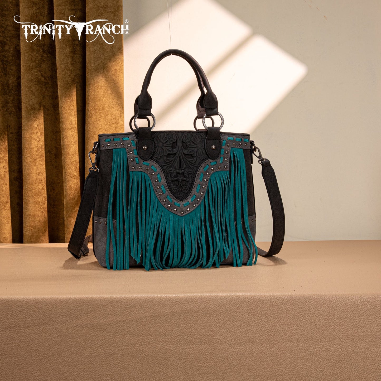 TR194-8250  Trinity Ranch Floral Tooled Fringe Tote/Crossbody - Black