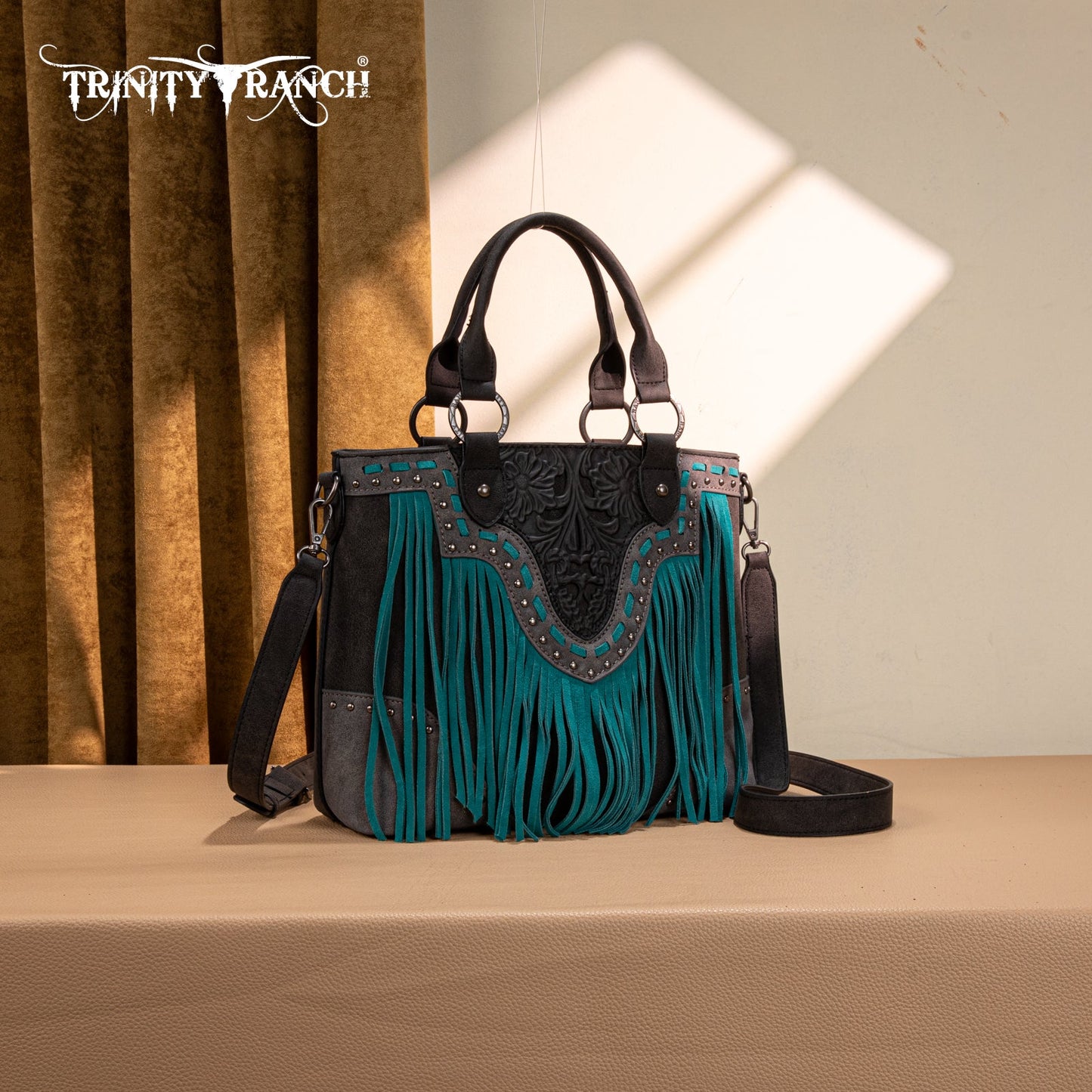 TR194-8250  Trinity Ranch Floral Tooled Fringe Tote/Crossbody - Black