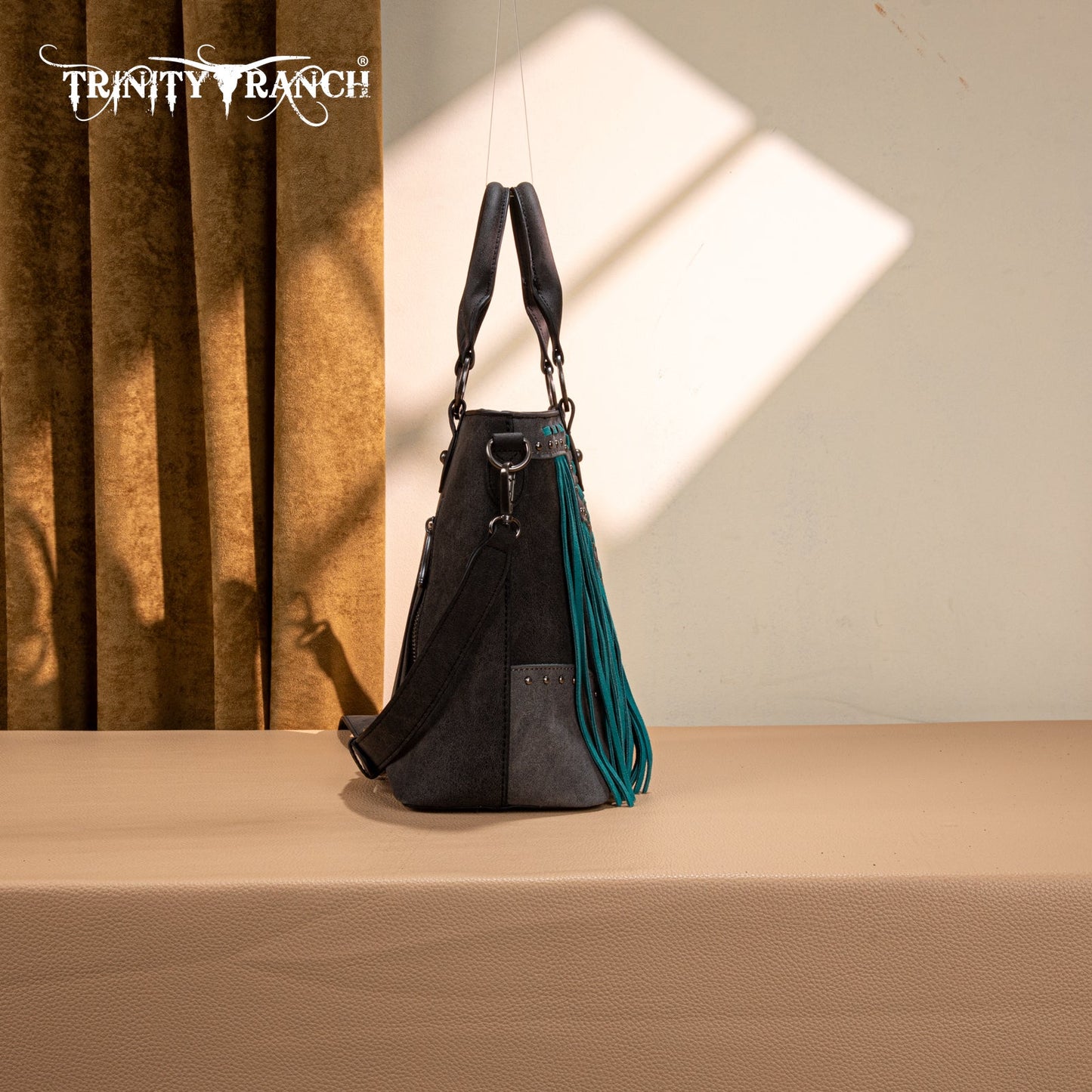 TR194-8250  Trinity Ranch Floral Tooled Fringe Tote/Crossbody - Black