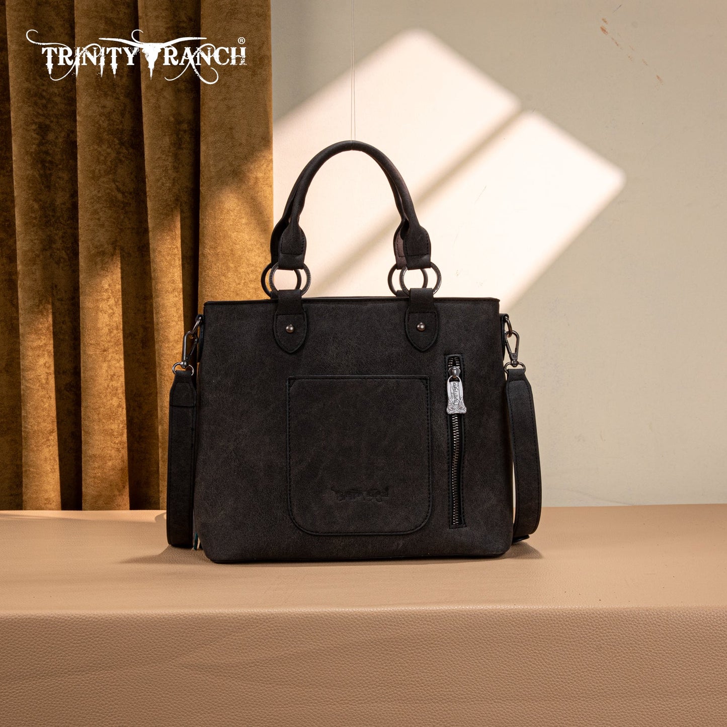 TR194-8250  Trinity Ranch Floral Tooled Fringe Tote/Crossbody - Black