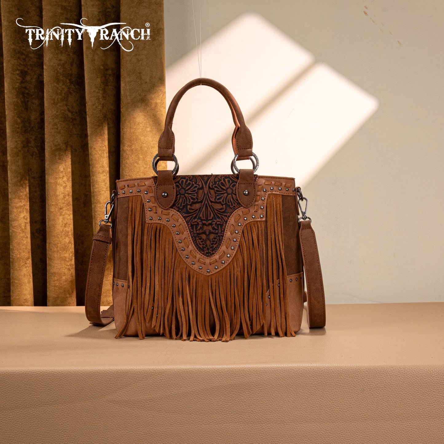TR194-8250  Trinity Ranch Floral Tooled Fringe Tote/Crossbody - Brown