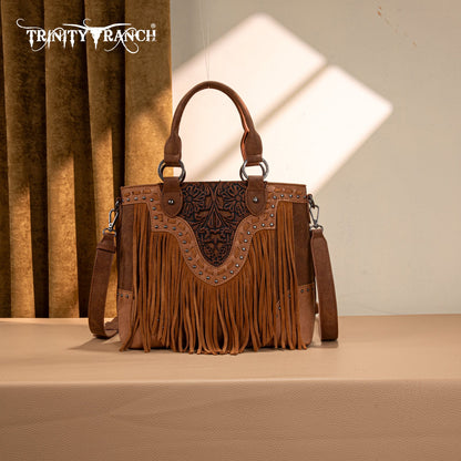 TR194-8250  Trinity Ranch Floral Tooled Fringe Tote/Crossbody - Brown
