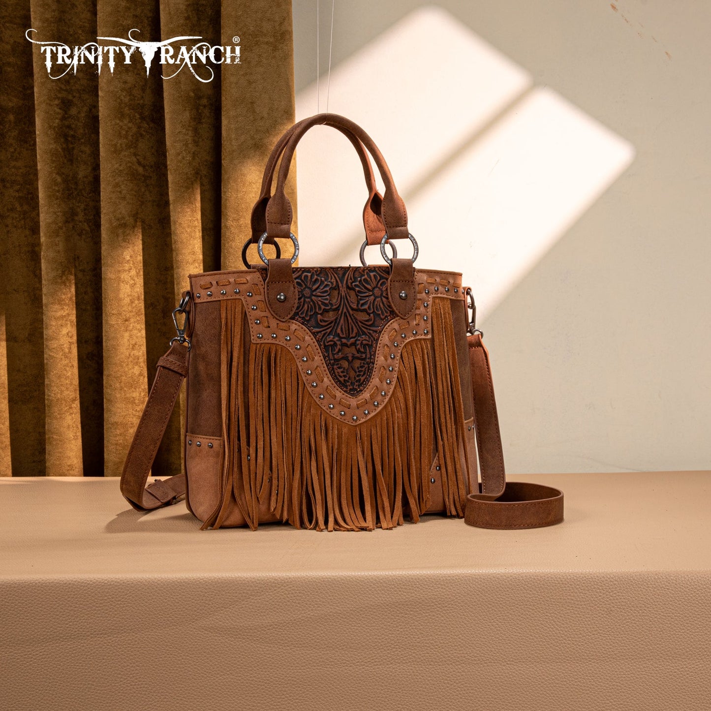 TR194-8250  Trinity Ranch Floral Tooled Fringe Tote/Crossbody - Brown