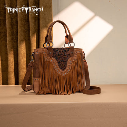 TR194-8250  Trinity Ranch Floral Tooled Fringe Tote/Crossbody - Brown