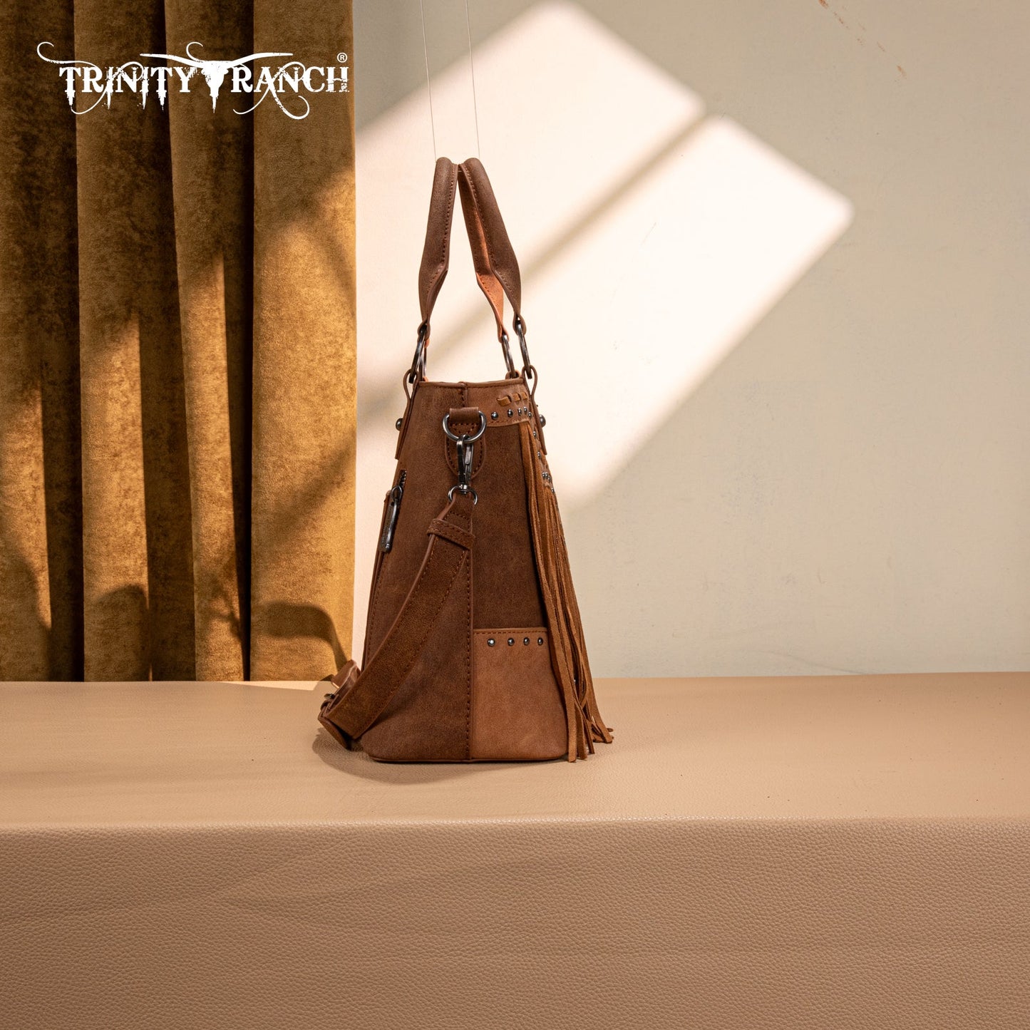 TR194-8250  Trinity Ranch Floral Tooled Fringe Tote/Crossbody - Brown