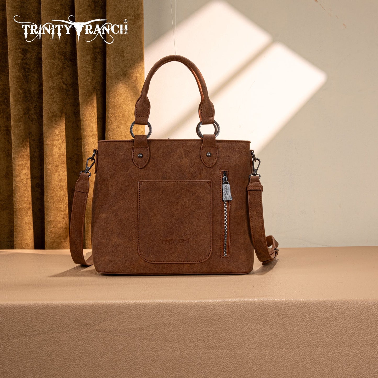 TR194-8250  Trinity Ranch Floral Tooled Fringe Tote/Crossbody - Brown