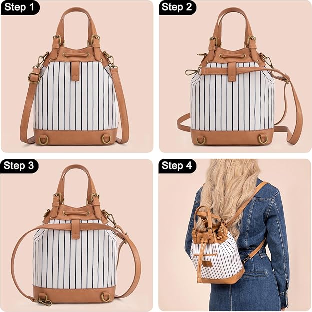 LEE56-003  LEE Striped Denim Canvas Drawstring Bucket Bag/Crossbody Convertible Backpack