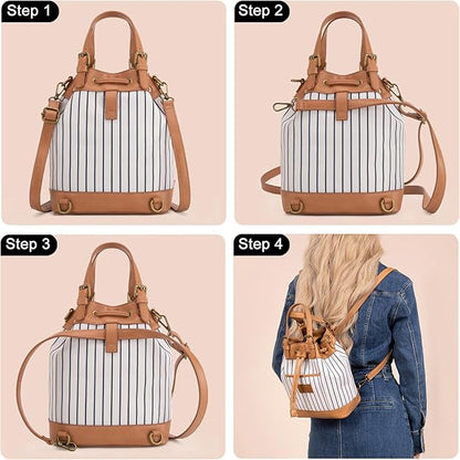 LEE56-003  LEE Striped Denim Canvas Drawstring Bucket Bag/Crossbody Convertible Backpack