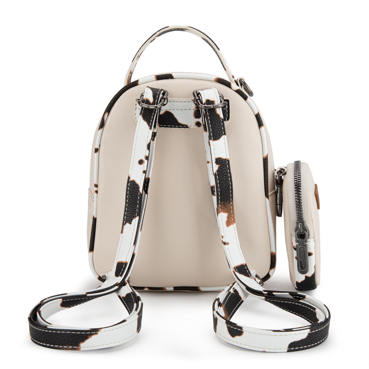 WG102-8600  Wrangler Cow Print  Trimmed Mini Backpack With Coin Pouch - Tan